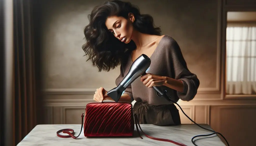 Drying velvet purse with hairdryer